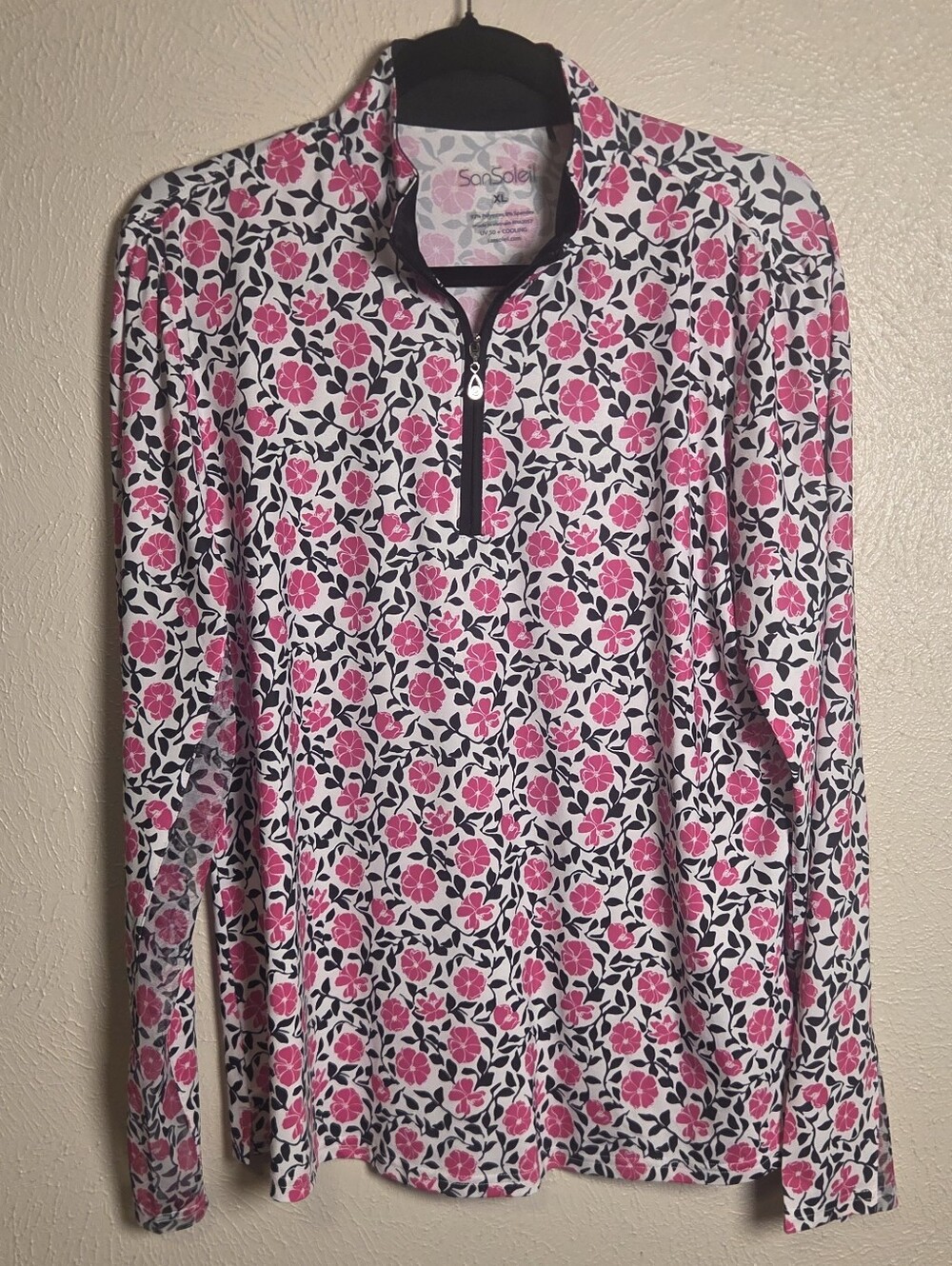SanSoleil SOLCOOL Mock Neck Floral Long Sleeve 1/4 Zip Sun Protection UV Cooling